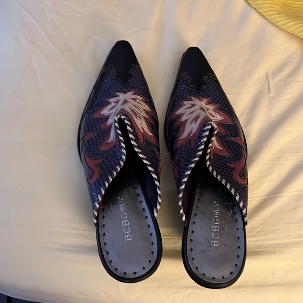 Worn in-house, only BCBG girls, all leather mules, size 10 from Brazil
